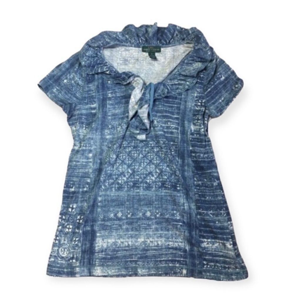 Ralph Lauren LRL Blue White Printed Ruffle Collar Cotton Top Women’s Size S